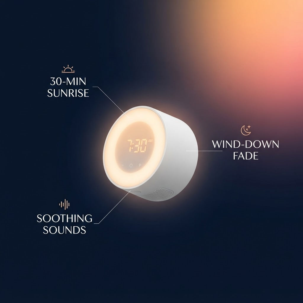 Daybreak features: 30-min sunrise, wind-down fade, soothing sounds